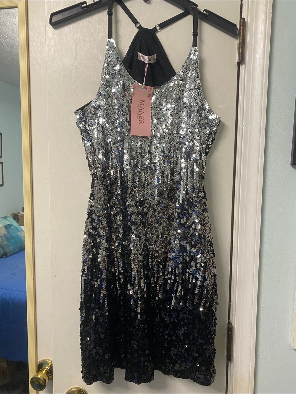 MANER Silver to Black Sequin Halter Cocktail Dress NWT